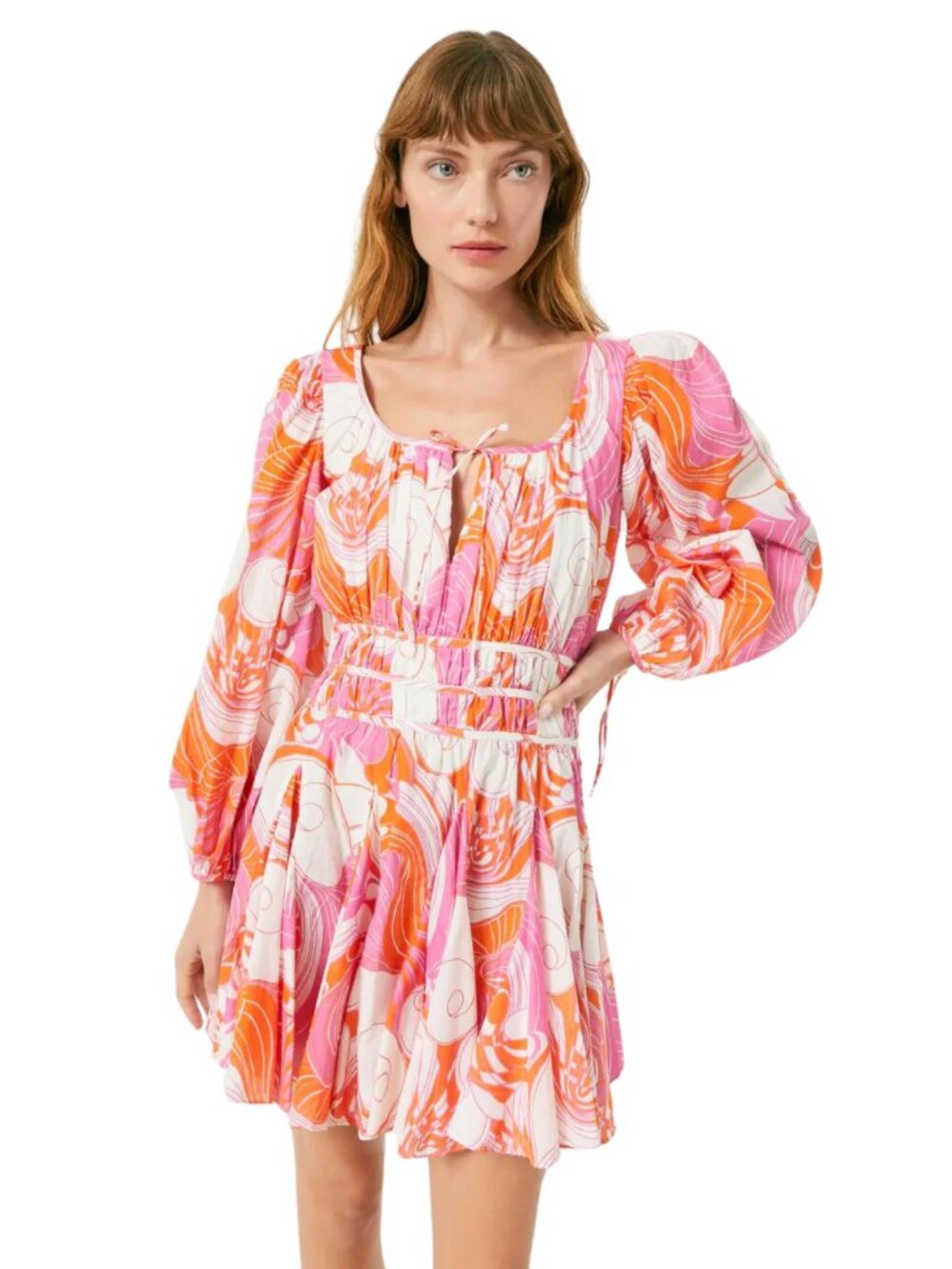 RHODE Leona Mini Dress Size Small Pink Deco Cotton Long Sleeve